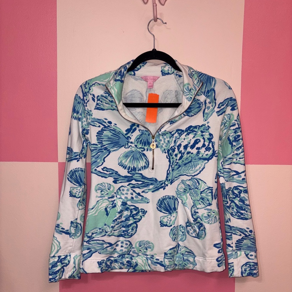 Lilly Pulitzer Aqua & Blue Shell-Print Quarter Zip Pullover